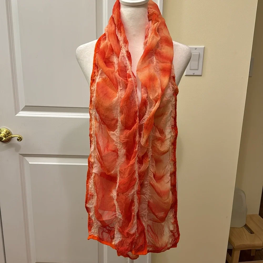 Vintage Masino Silk and Wool Crinkle Scarf in vibrant orange hues.